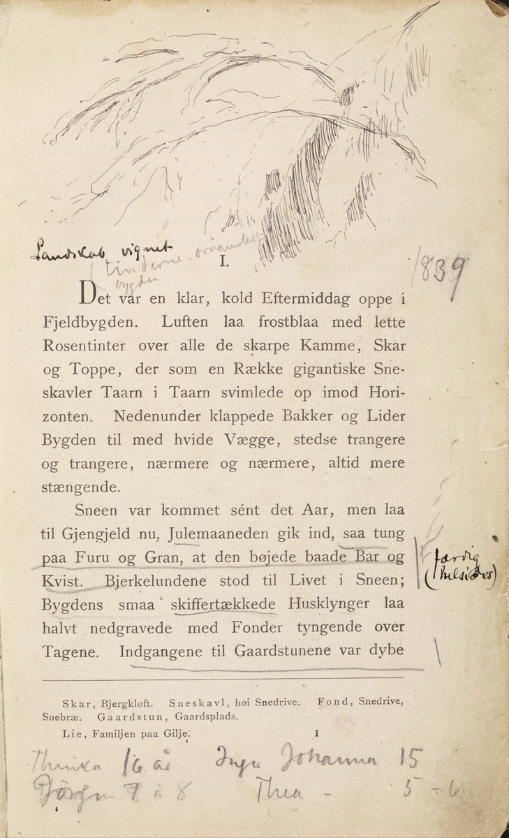 Skisser i Jonas Lies bok "Familien på Gilje" (København 1883) [Tegning]