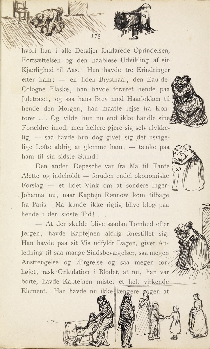 Skisser i Jonas Lies bok "Familien på Gilje" (København 1883) [Tegning]