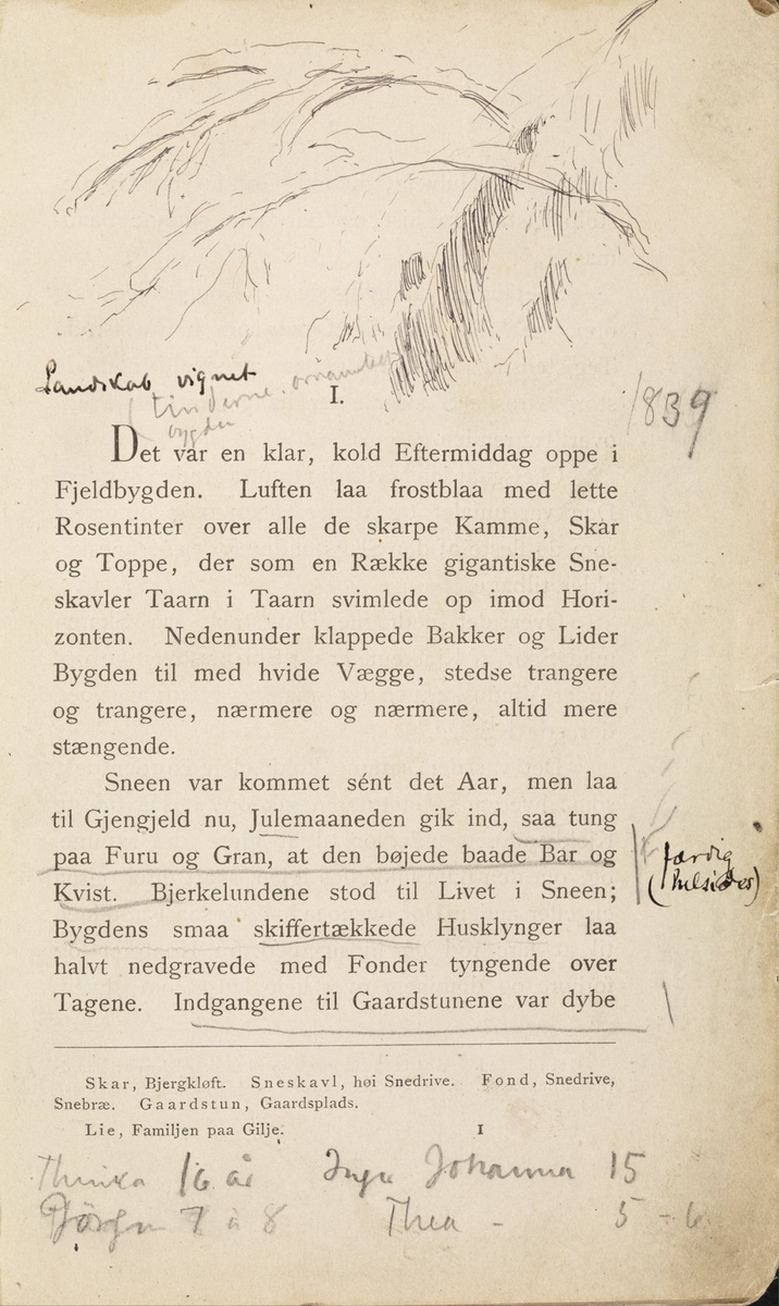Skisser i Jonas Lies bok "Familien på Gilje" (København 1883) [Tegning]