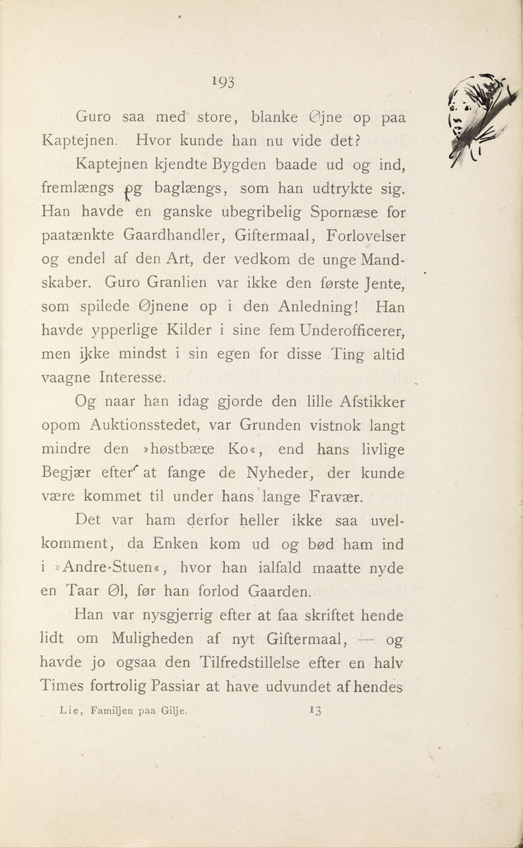 Skisser i Jonas Lies bok "Familien på Gilje" (København 1883) [Tegning]
