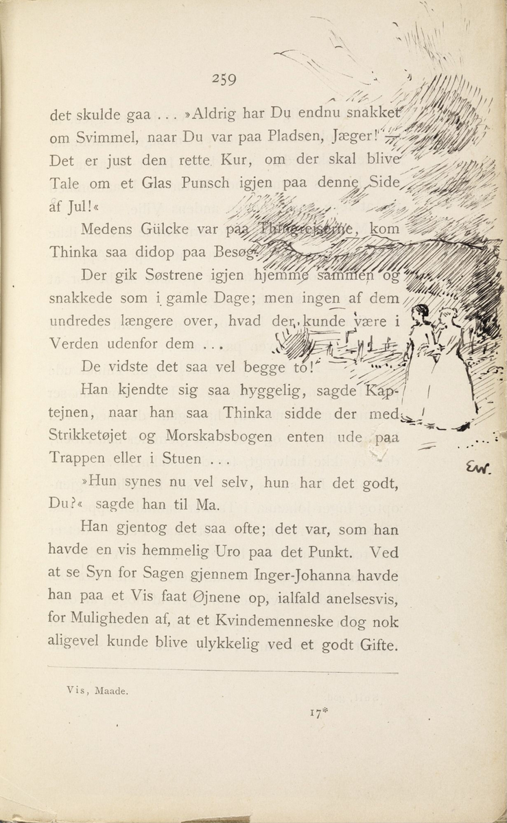 Skisser i Jonas Lies bok "Familien på Gilje" (København 1883) [Tegning]