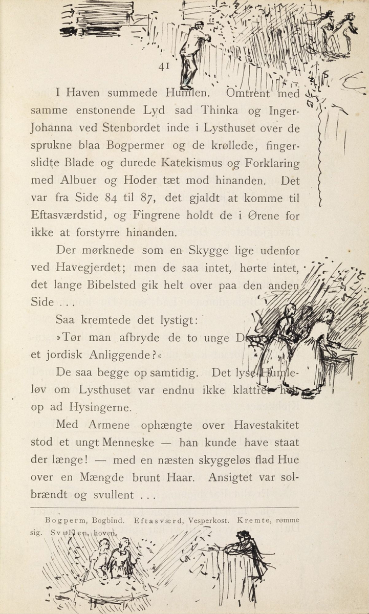 Skisser i Jonas Lies bok "Familien på Gilje" (København 1883) [Tegning]