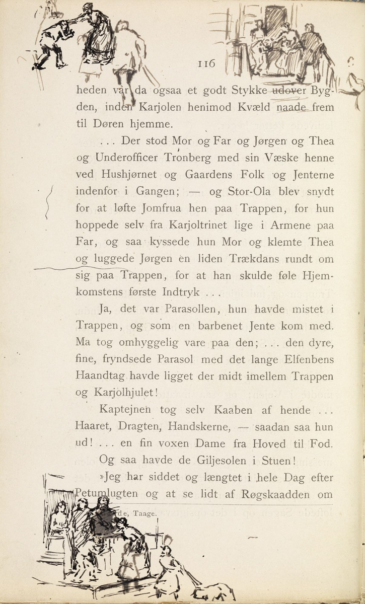 Skisser i Jonas Lies bok "Familien på Gilje" (København 1883) [Tegning]