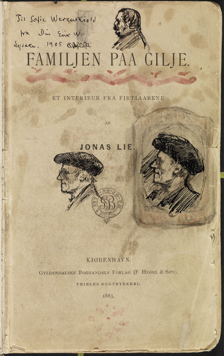 Skisser i Jonas Lies bok "Familien på Gilje" (København 1883) [Tegning]