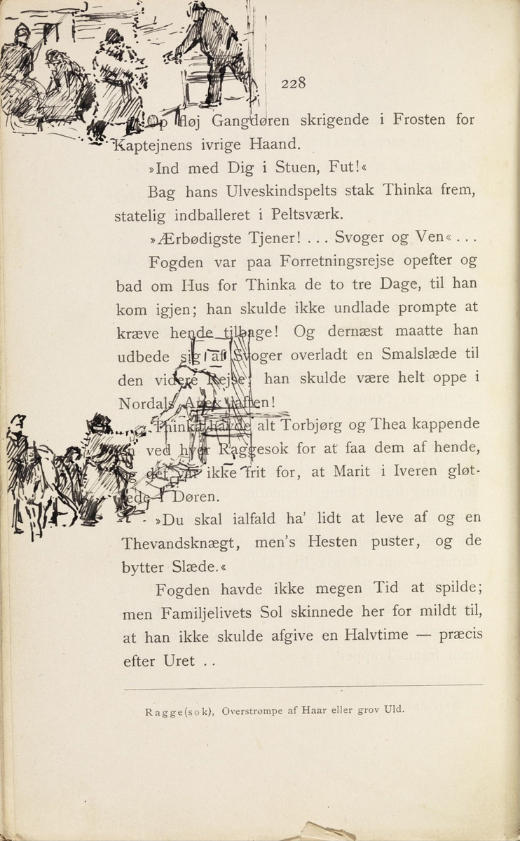 Skisser i Jonas Lies bok "Familien på Gilje" (København 1883) [Tegning]
