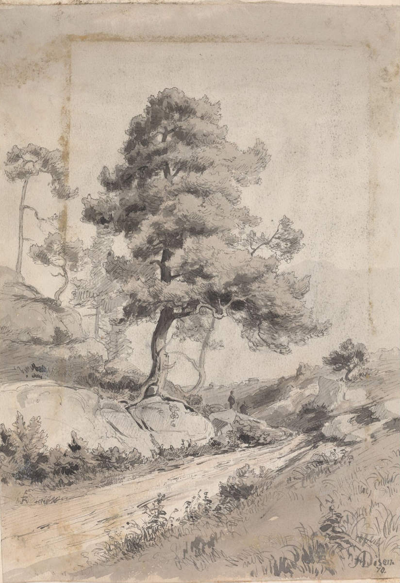 Landskap med furutrær og to figurer [Tegning]