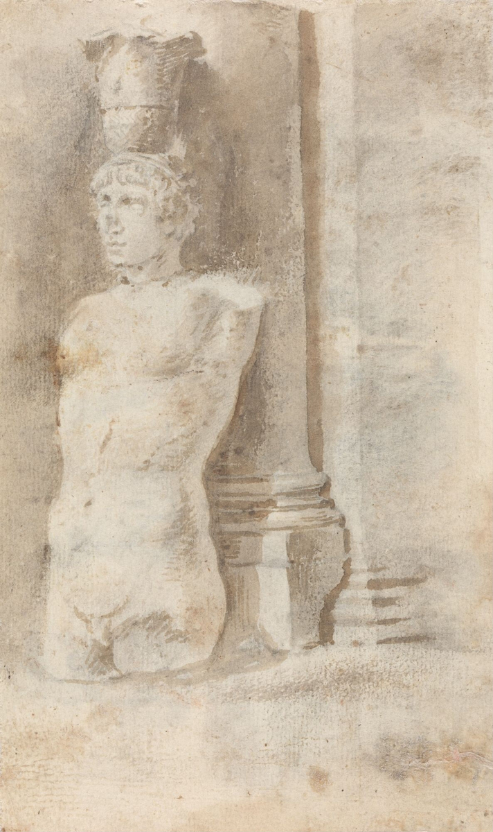 Antikk torso mot søyle [Tegning]