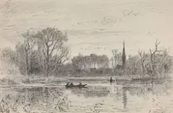 Landskap med vann og kirke [Tegning]