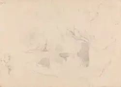 Bekk og busker med hodestudier [Tegning]