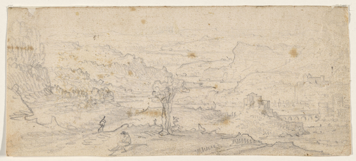 Landskap med fjell og elv [Tegning]