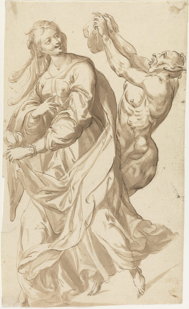 Kvinne og satyr [Tegning]