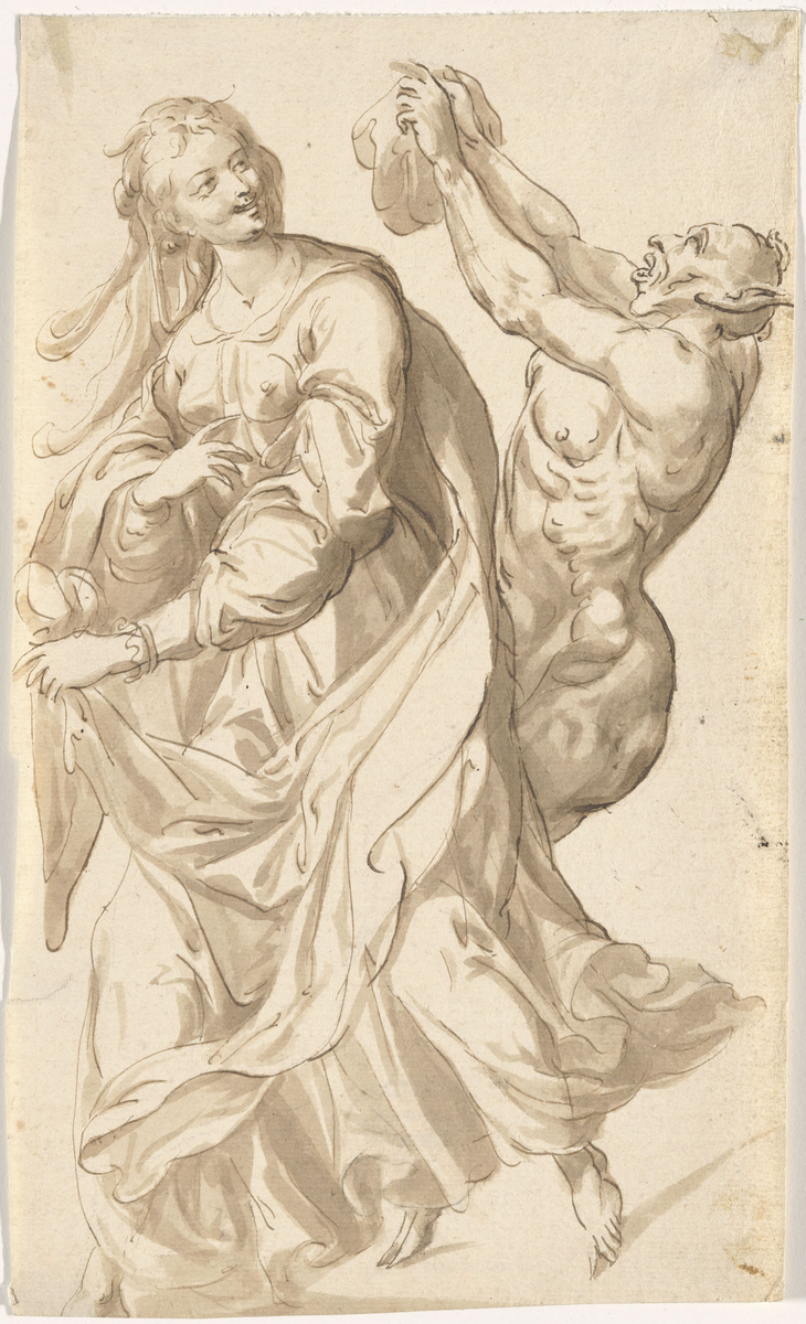 Kvinne og satyr [Tegning]