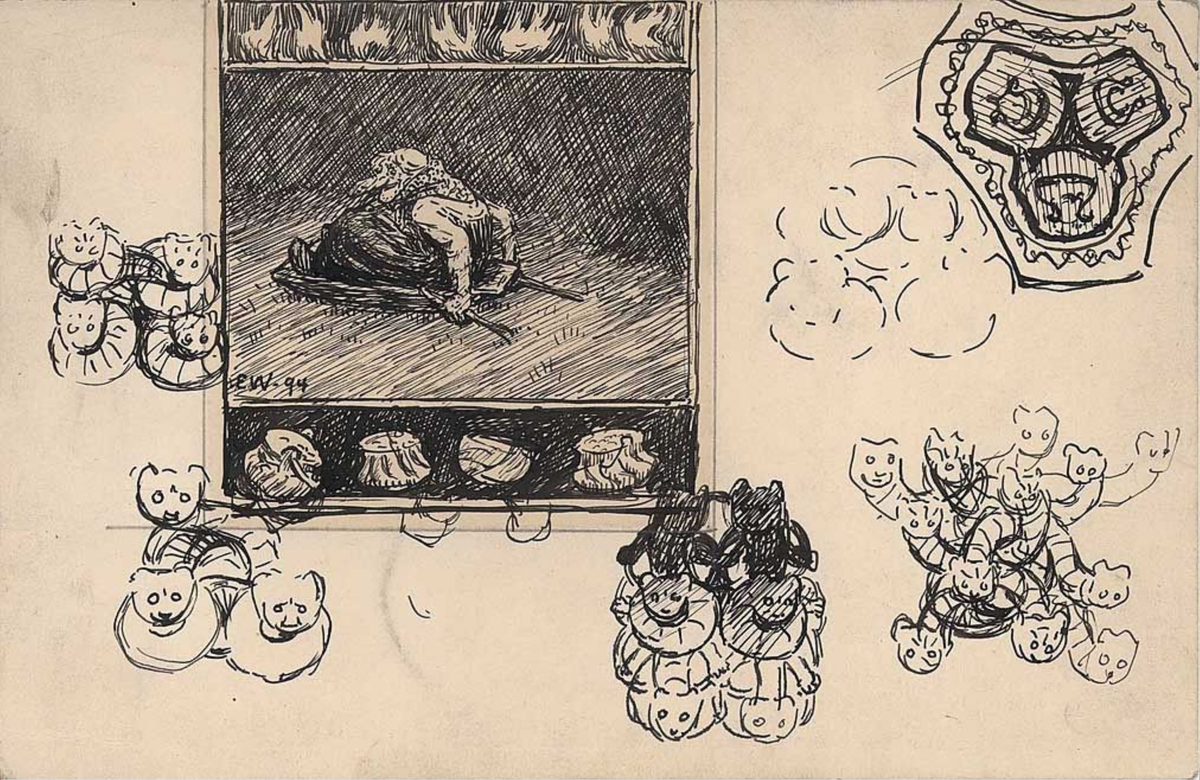 Forarbeid til "En natt i Nordmarka" i Erik Werenskiold, Samtlige tegninger og studier til Norske Folkeeventyr, 1910 [Tegning]