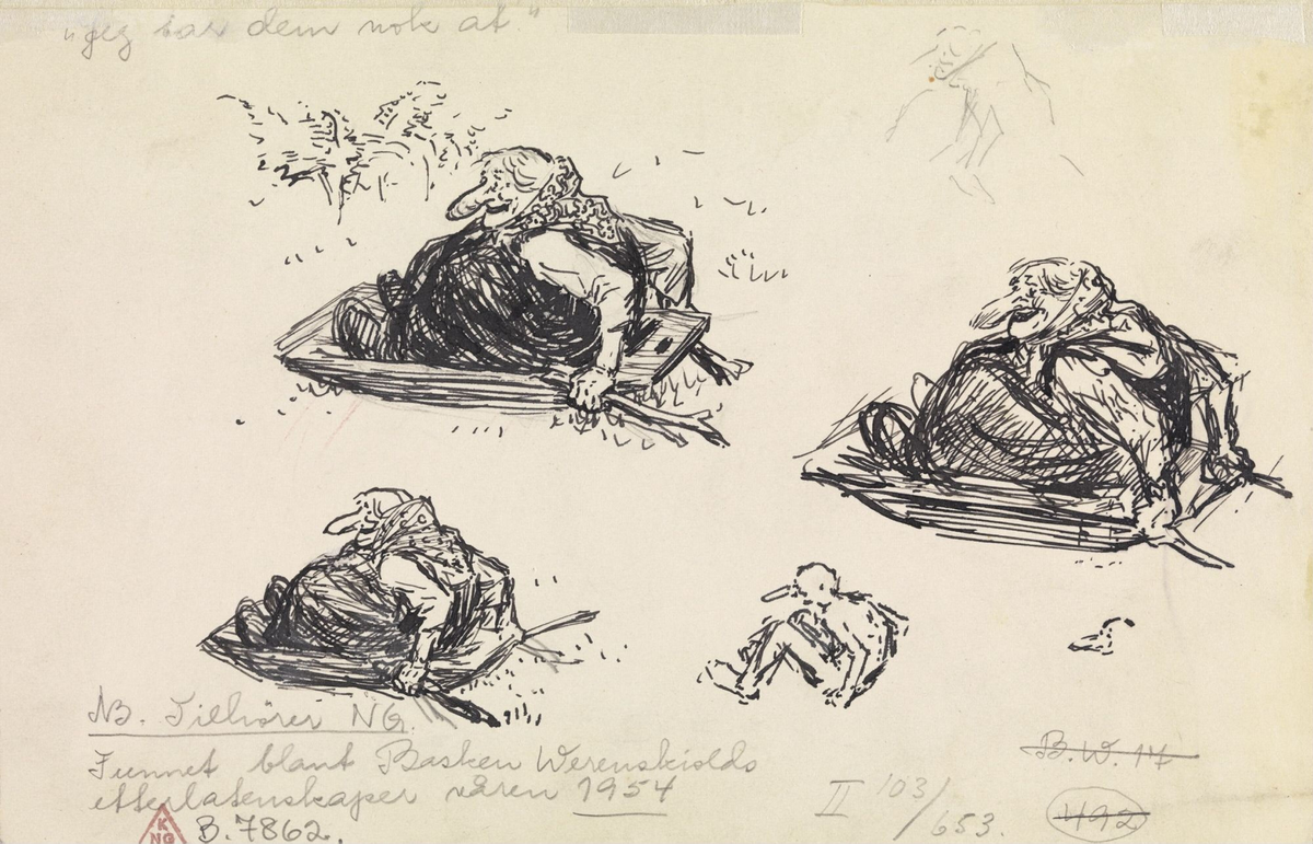 Forarbeid til "En natt i Nordmarka" i Erik Werenskiold, Samtlige tegninger og studier til Norske Folkeeventyr, 1910 [Tegning]