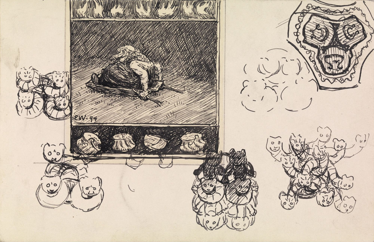 Forarbeid til "En natt i Nordmarka" i Erik Werenskiold, Samtlige tegninger og studier til Norske Folkeeventyr, 1910 [Tegning]