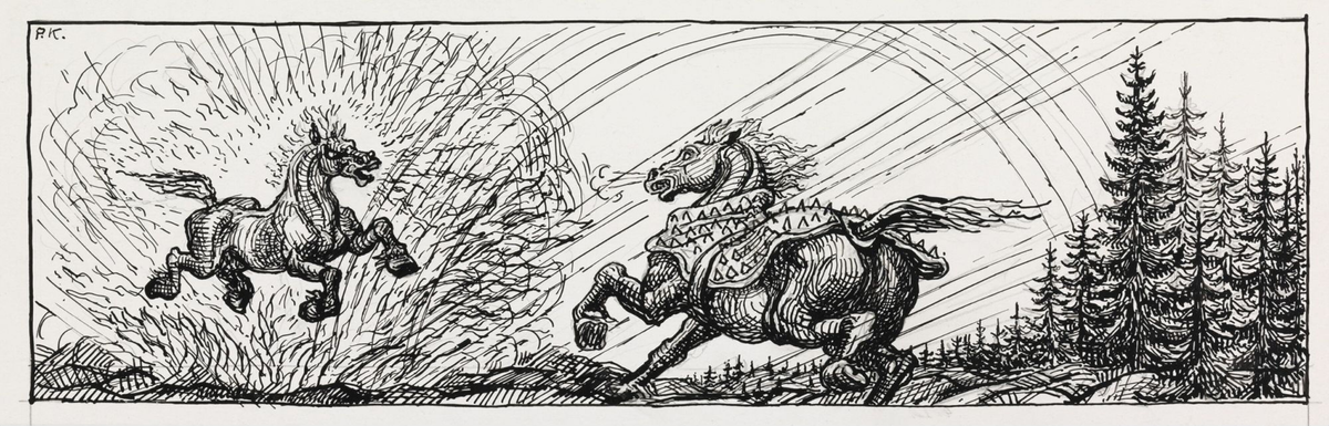 Illustrasjon til "Grimsborken", P. Chr. Asbjörnsen og J. Moe, Samlede eventyr,  1936 [Tegning]