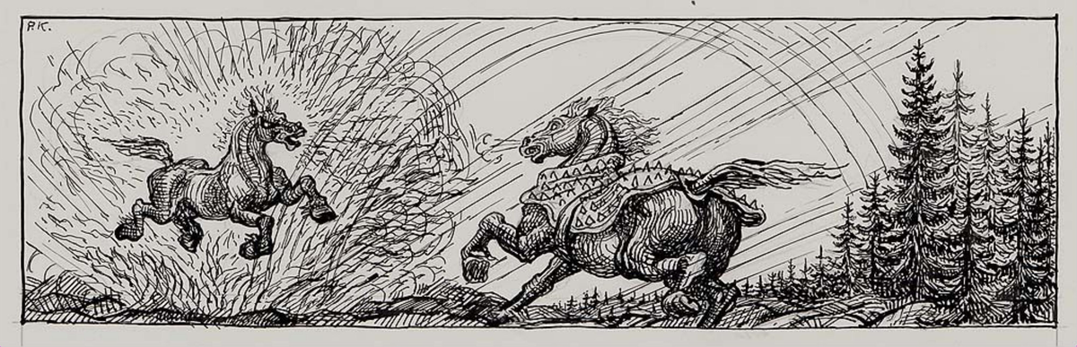 Illustrasjon til "Grimsborken", P. Chr. Asbjörnsen og J. Moe, Samlede eventyr,  1936 [Tegning]