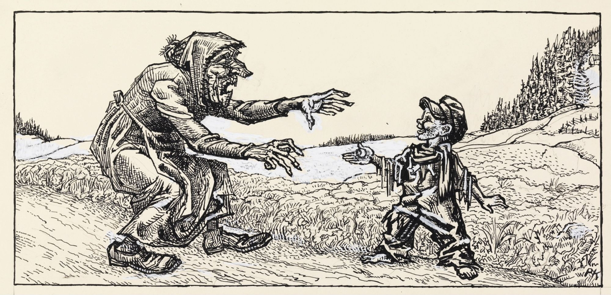"Hva gir du meg, skal du få et øye?" [Tegning]