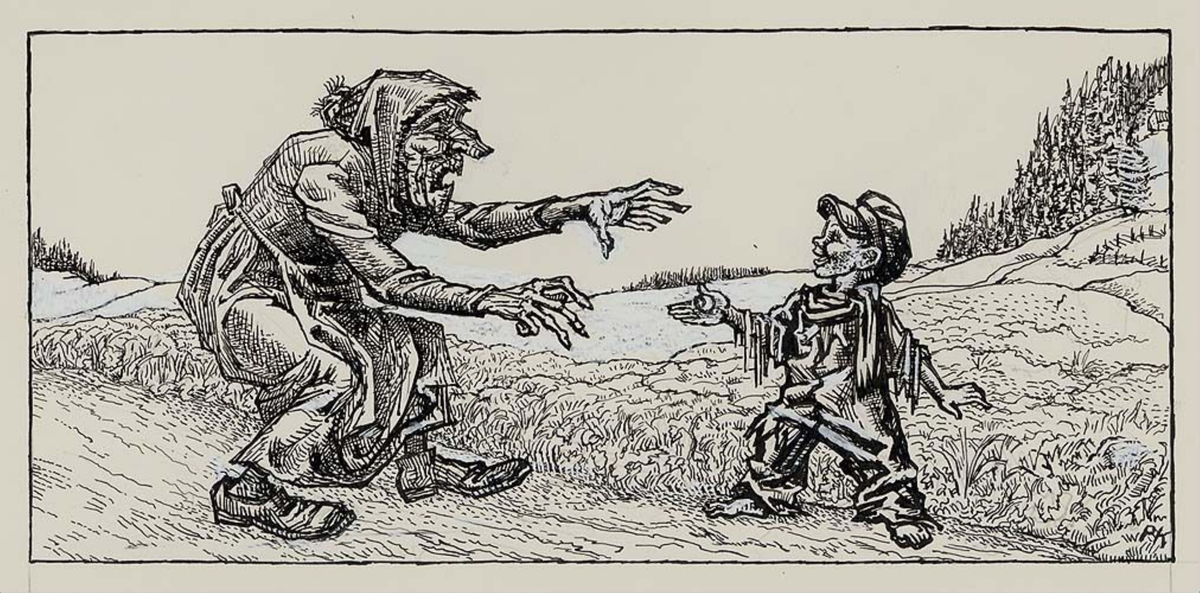 "Hva gir du meg, skal du få et øye?" [Tegning]