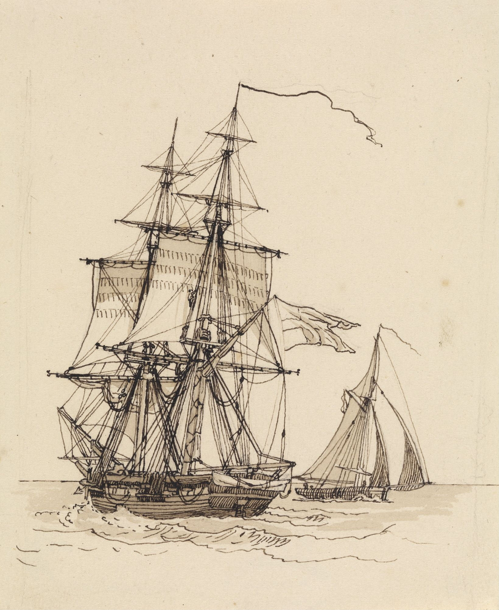Brigg og losbåt [Tegning]