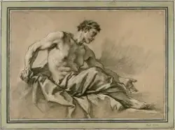 Studie av sittende mann med draperier [Tegning]