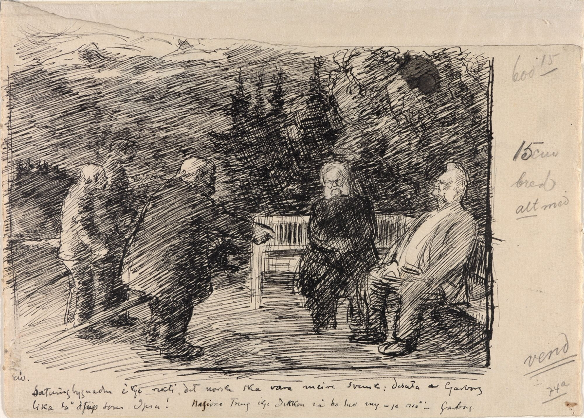Det norske målet. Garborg, Løvland, Ibsen og Bjørnson [Tegning]