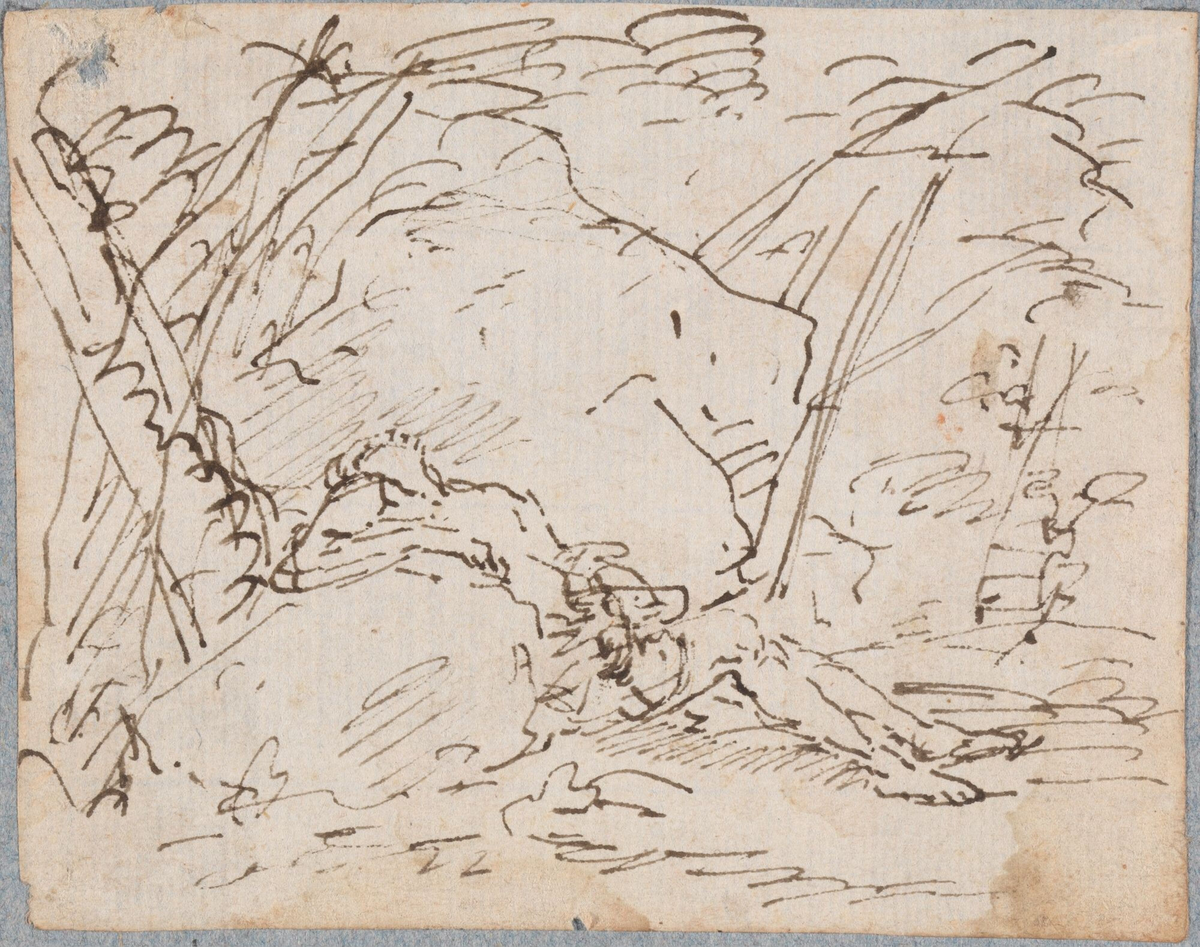 Liggende figur i landskap [Tegning]
