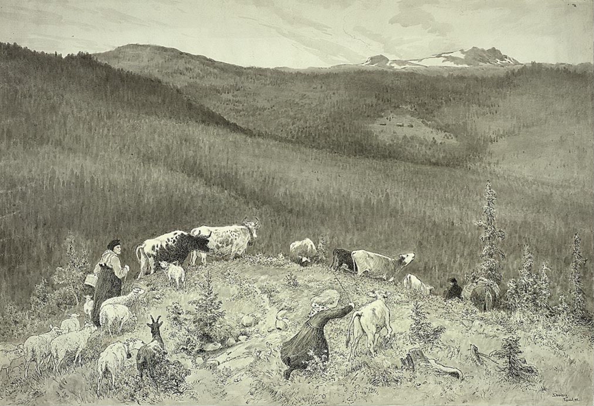 Buskapen drives til seters [Tegning]