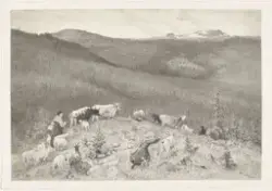 Buskapen drives til seters [Tegning]