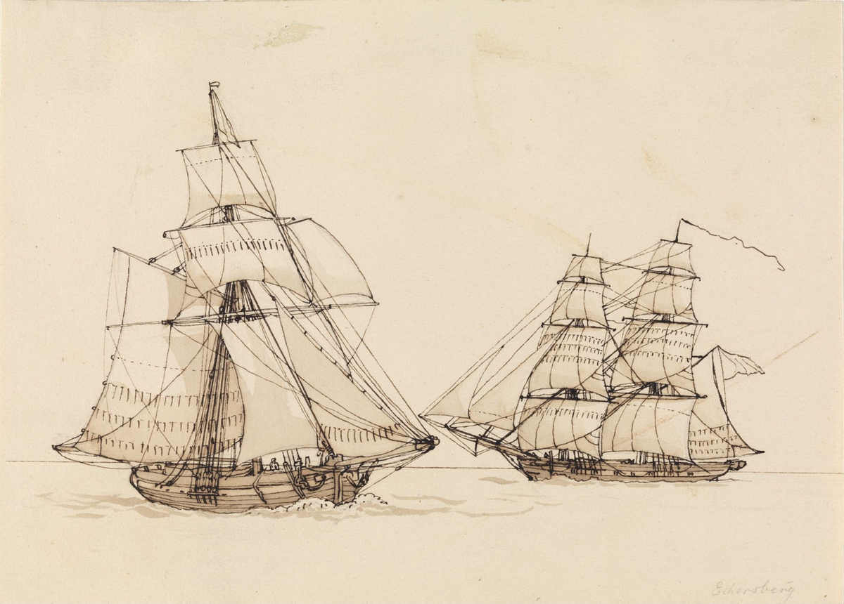To seilskip [Tegning]