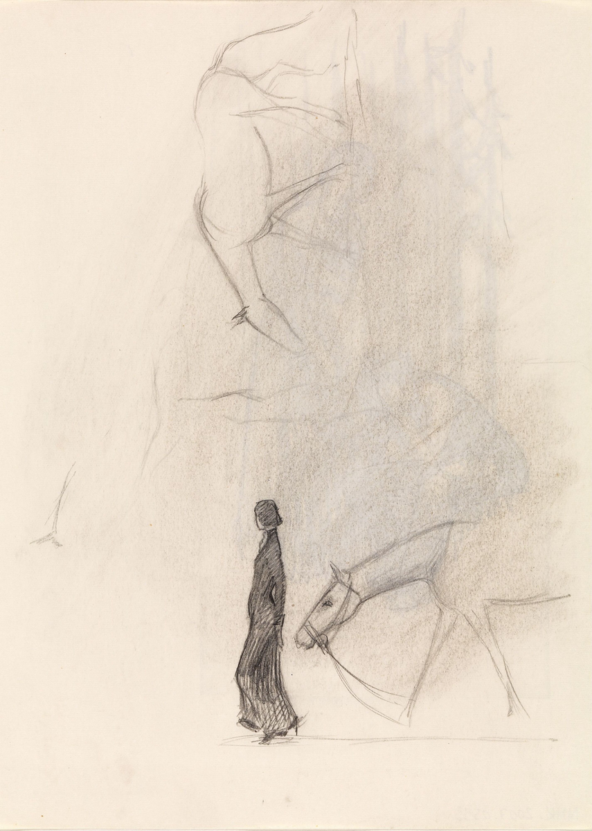 Kvinne og hest [Tegning]