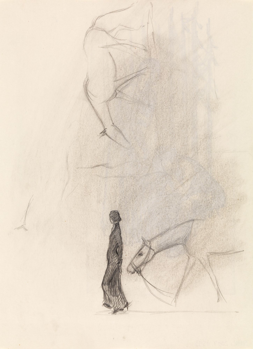 Kvinne og hest [Tegning]