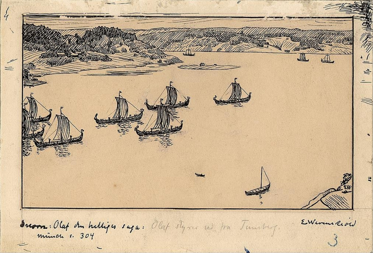 Kong Olavs skip seiler ut fra Tønsberg. Til "Olav den Helliges Saga", Snorre Sturlason, Kongesagaer, 1899 [Tegning]