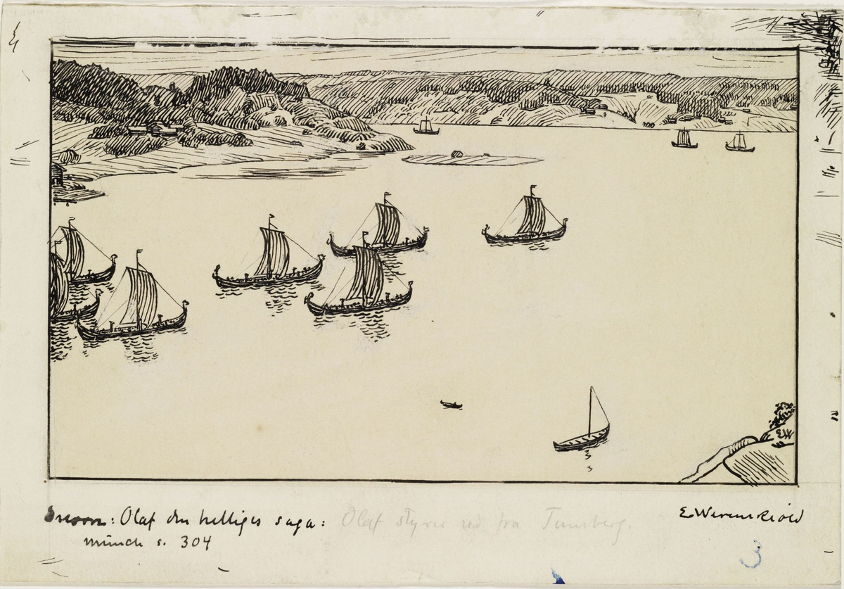 Kong Olavs skip seiler ut fra Tønsberg. Til "Olav den Helliges Saga", Snorre Sturlason, Kongesagaer, 1899 [Tegning]