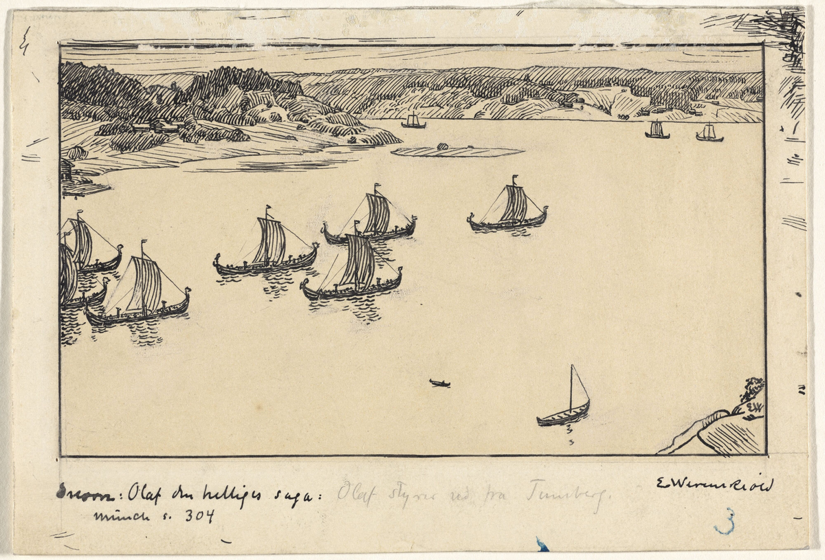 Kong Olavs skip seiler ut fra Tønsberg. Til "Olav den Helliges Saga", Snorre Sturlason, Kongesagaer, 1899 [Tegning]