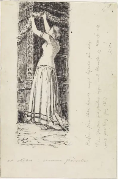 Hun staset ut skapet igjen med blomster og kranser [Tegning]