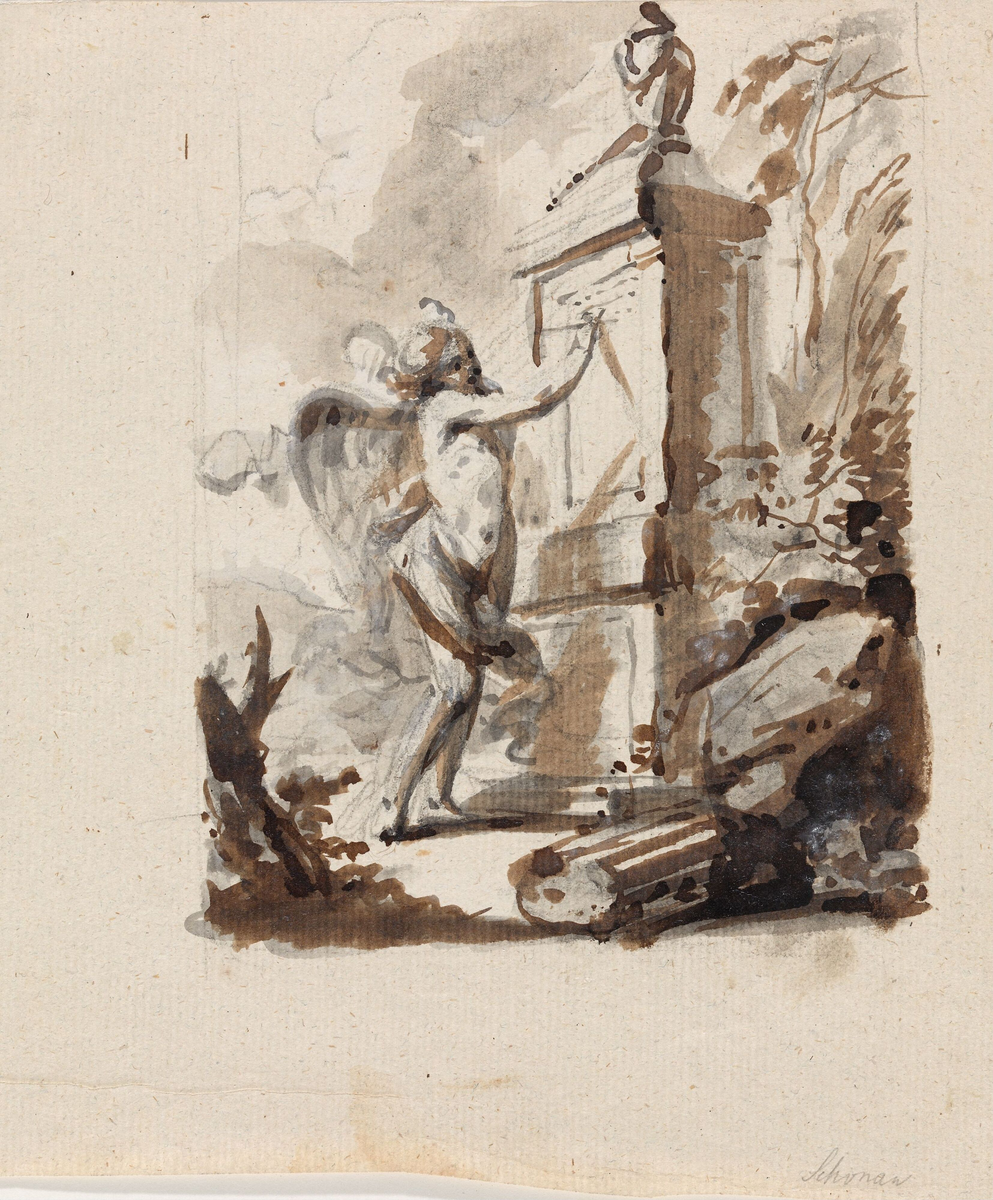 Bevinget figur ved monument [Tegning]