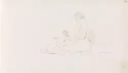 Sittende kvinne med barn [Tegning]