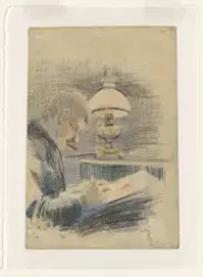 Tegnende mann ved parafinlampe [Tegning]