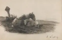 Hvilende hest med føll [Tegning]