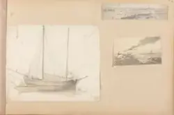 Seilskute; Strand og opprørt hav; Klipper ved havet [Tegning