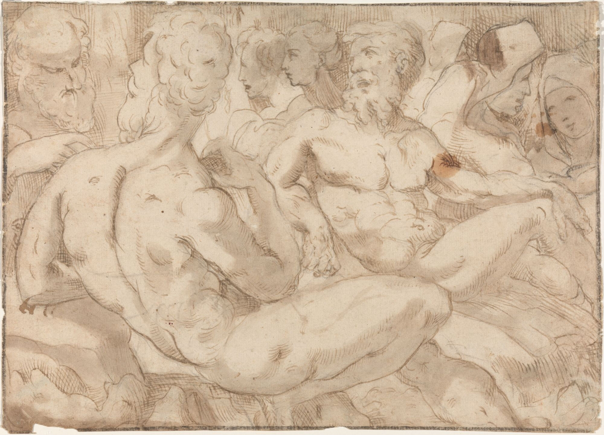 Figurgruppe med to nakne menn [Tegning]
