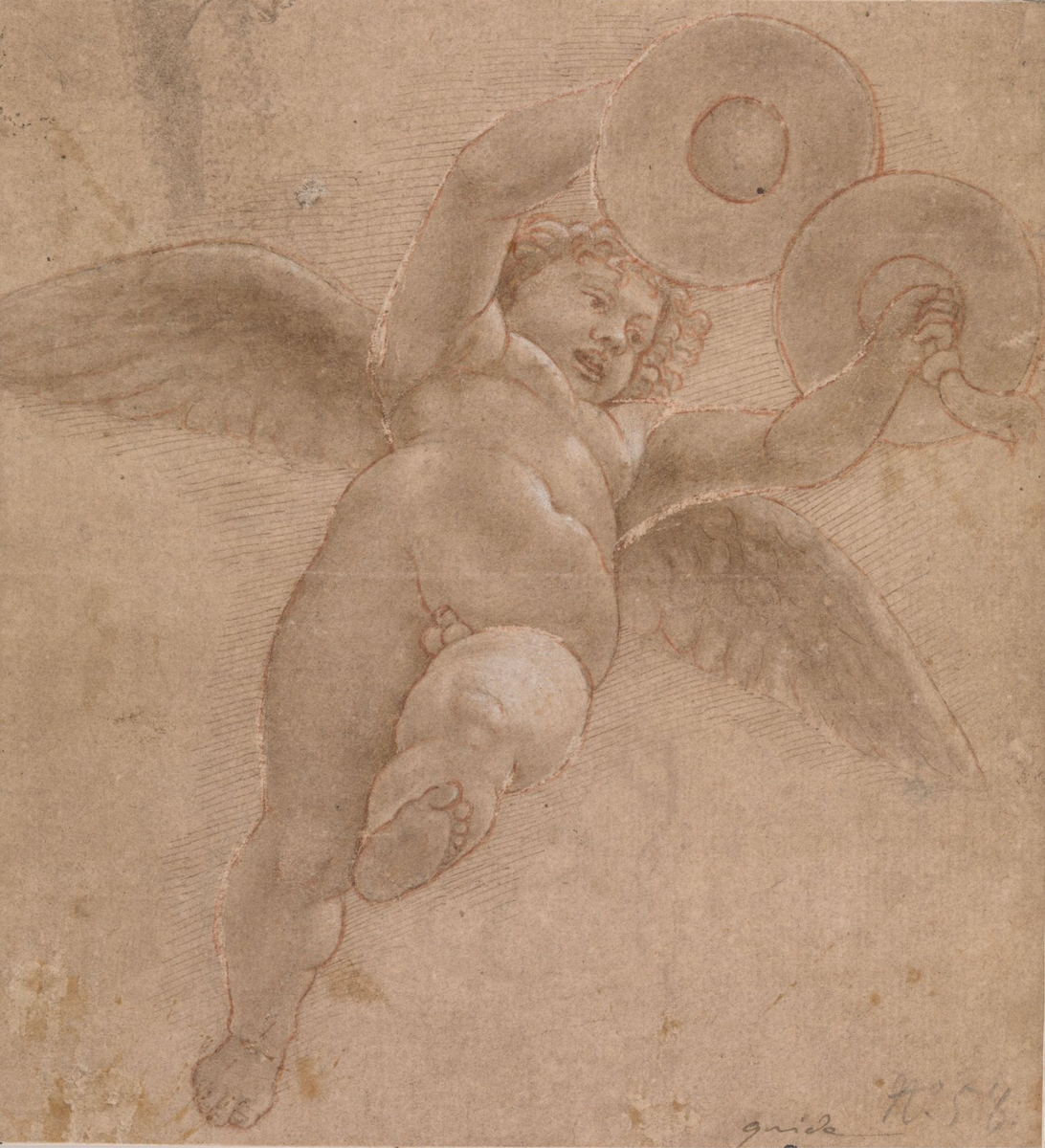 Flyvende putto med cymbaler [Tegning]