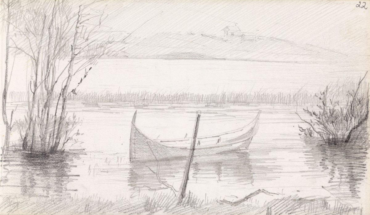 Kystlandskap med robåt [Tegning]