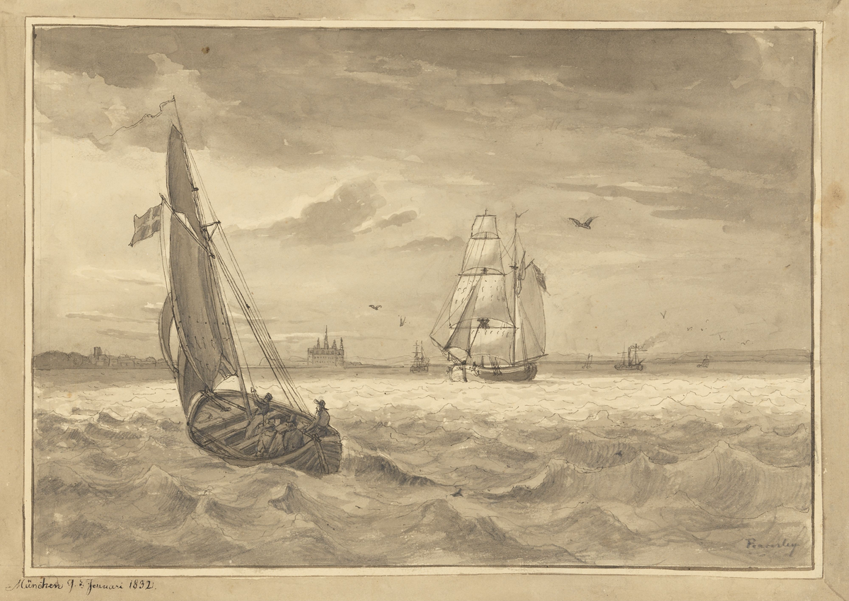 Sundet med Kronborg slott [Tegning]