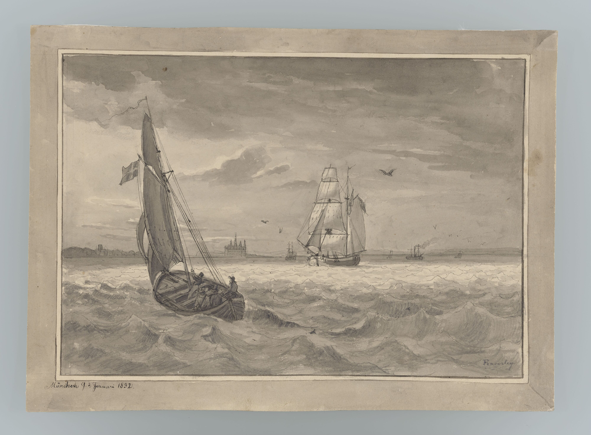 Sundet med Kronborg slott [Tegning]