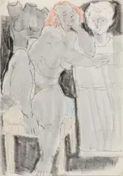 Sittende akt ved byste [Tegning]