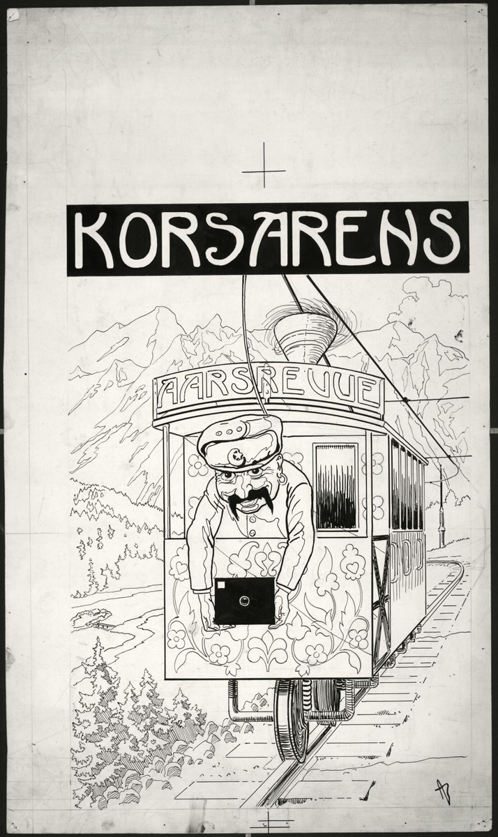 Forarbeid til forside til "Korsarens aarsrevue" [Tegning]