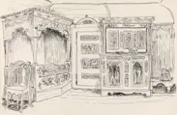 Stueinteriør fra Øvre Mo i Austbø, Rauland [Tegning]