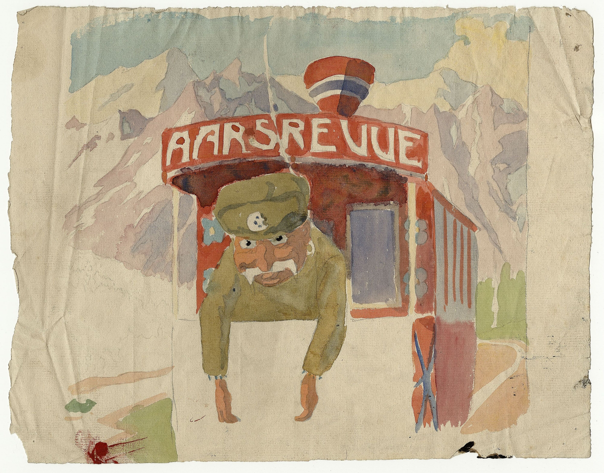 Forarbeid til forside til "Korsarens aarsrevue" [Tegning]